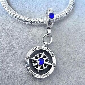 Compass Always Follow Your Heart Blue Crystal Dangle Charm fits PANDORA